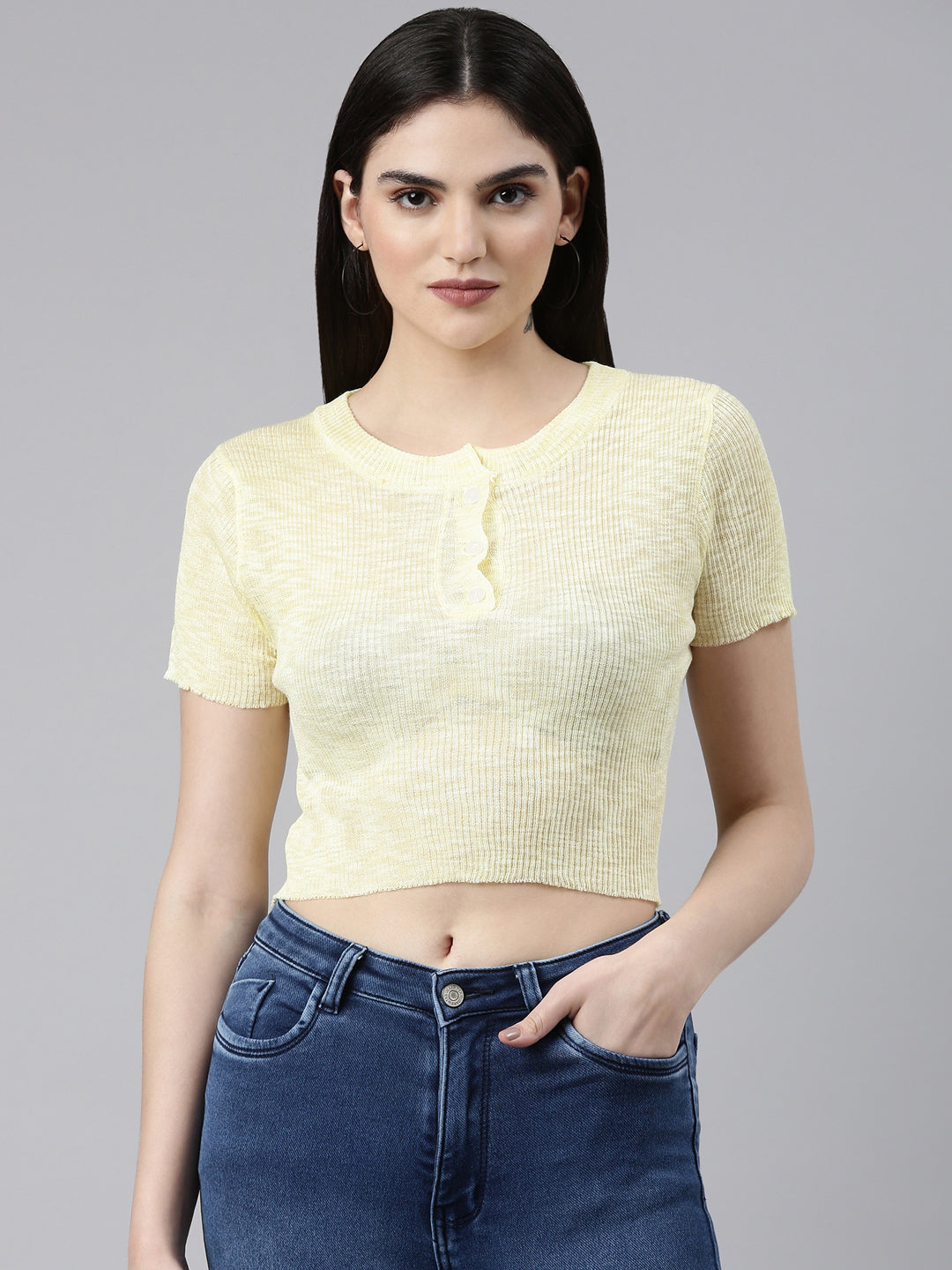 Round Neck Solid Yellow Crop Top