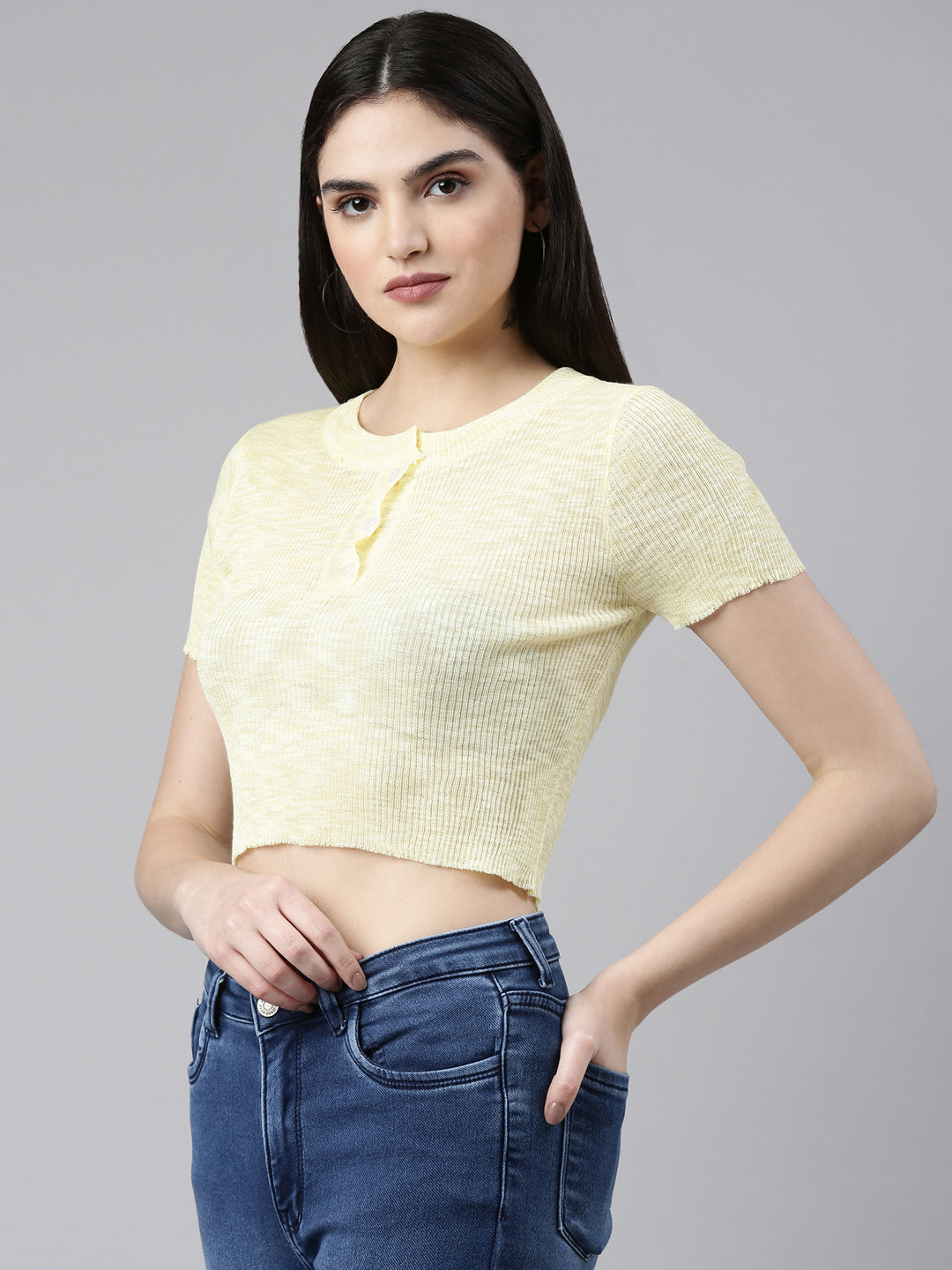 Round Neck Solid Yellow Crop Top