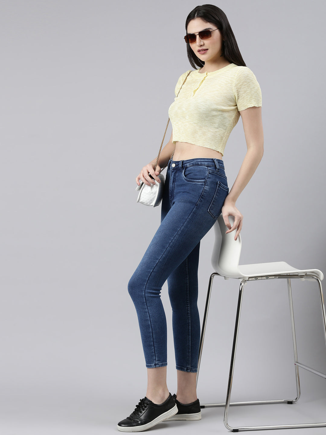 Round Neck Solid Yellow Crop Top