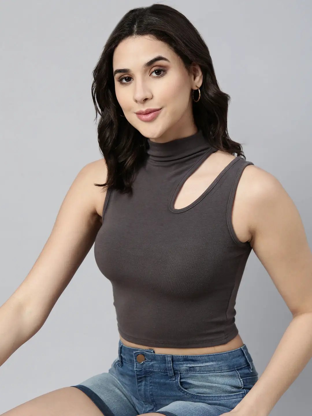 Shop Women's Grey High Neck Tank Crop Top | Showoffff