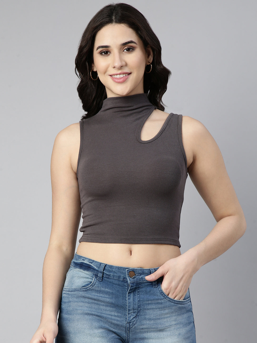 Women Solid Grey Tank Crop Top