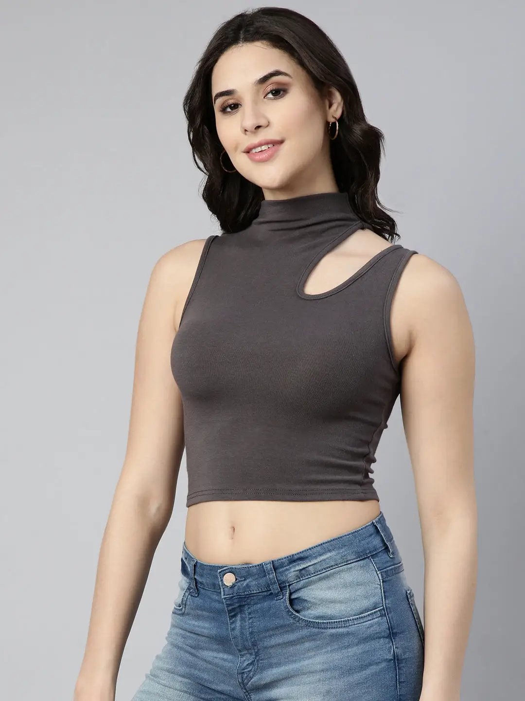 Shop Women's Grey High Neck Tank Crop Top | Showoffff