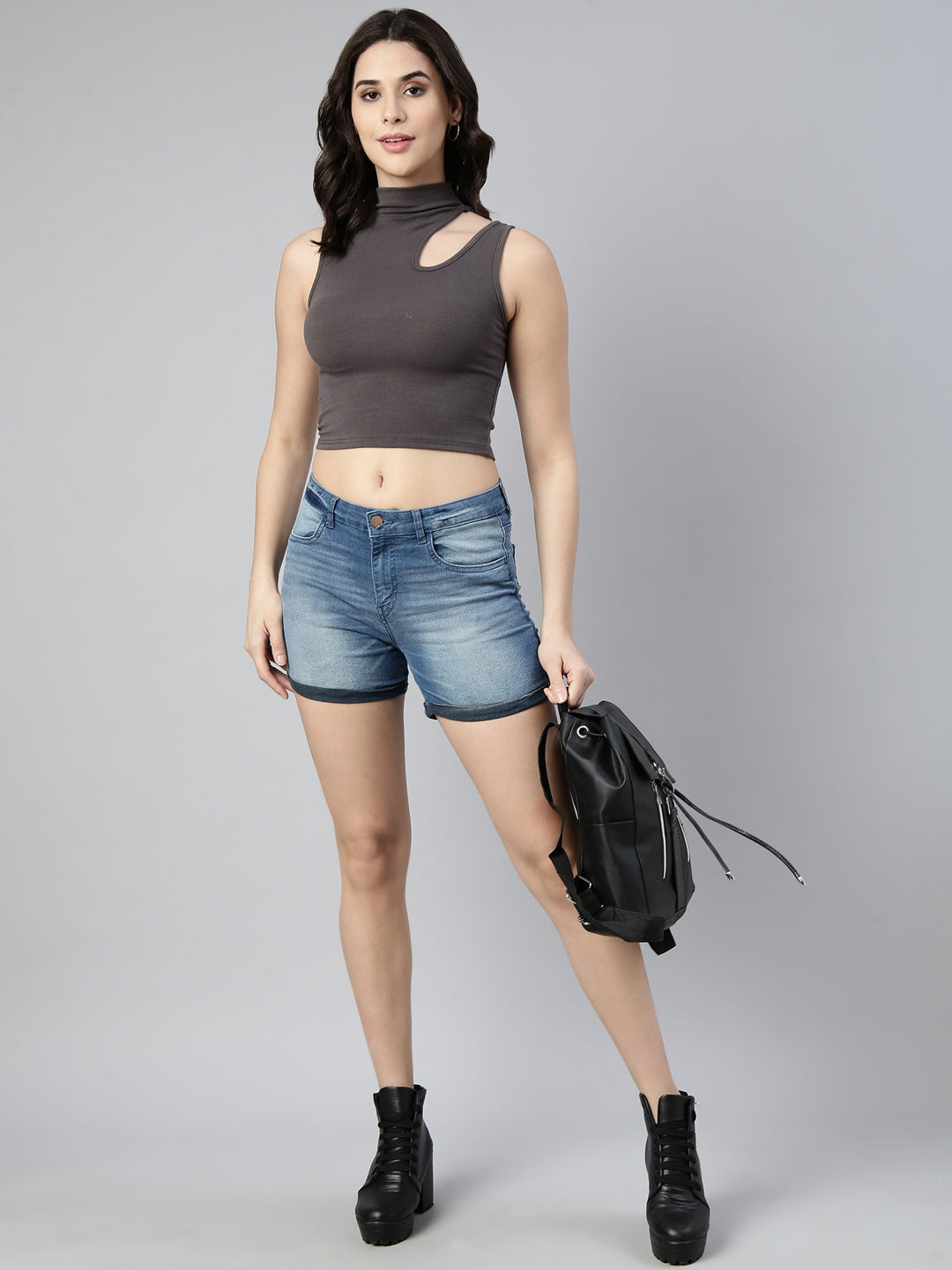 Women Solid Grey Tank Crop Top