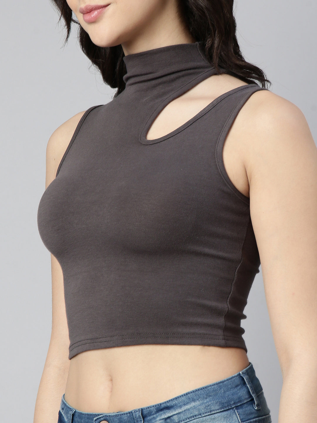 Women Solid Grey Tank Crop Top