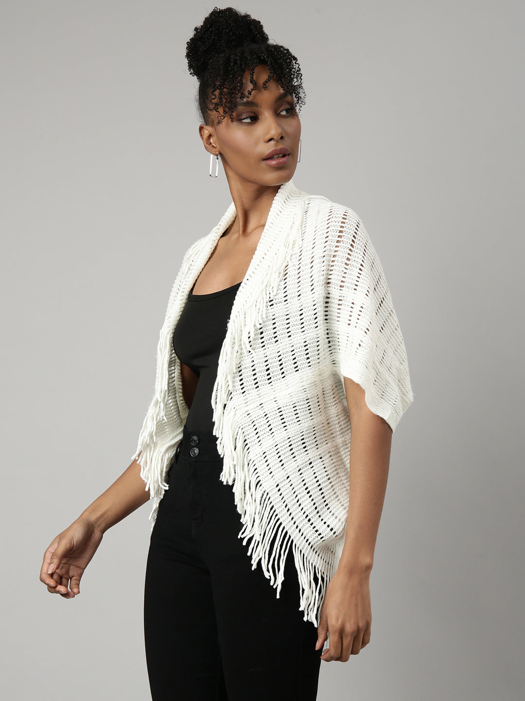 Women Striped Off White Longline Poncho