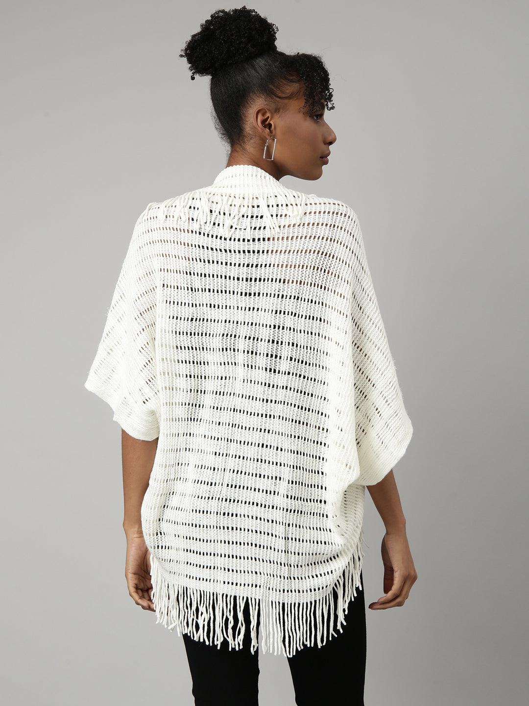 Women Striped Off White Longline Poncho