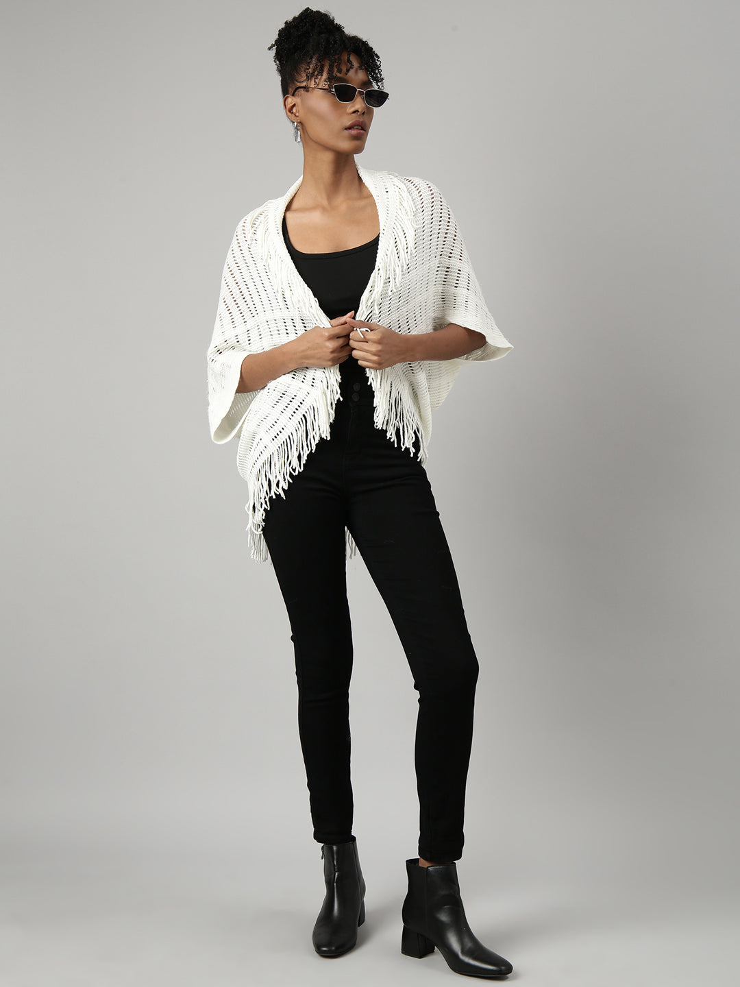 Women Striped Off White Longline Poncho