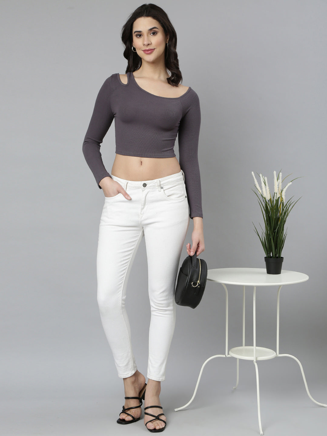 Women Solid Grey Crop Top