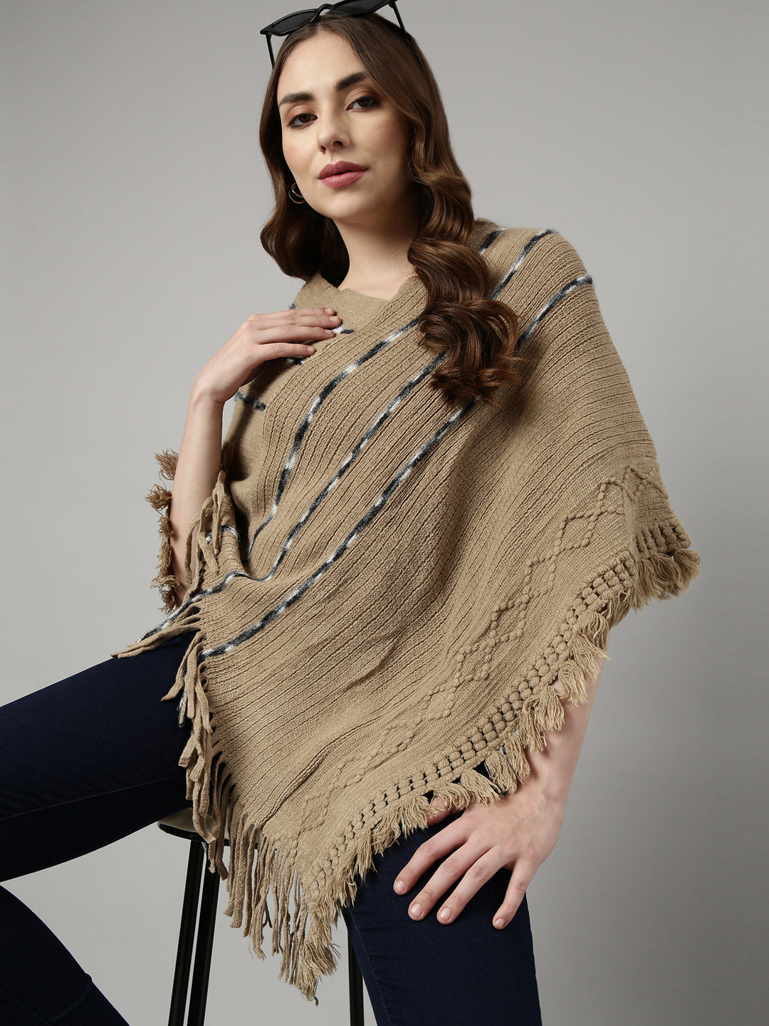 Women Striped Khaki Longline Poncho