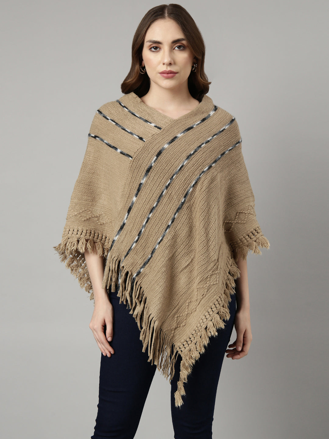 Women Striped Khaki Longline Poncho