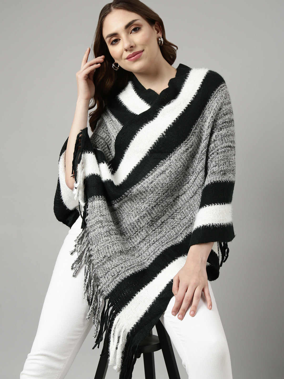 Women's Striped Black Longline Poncho