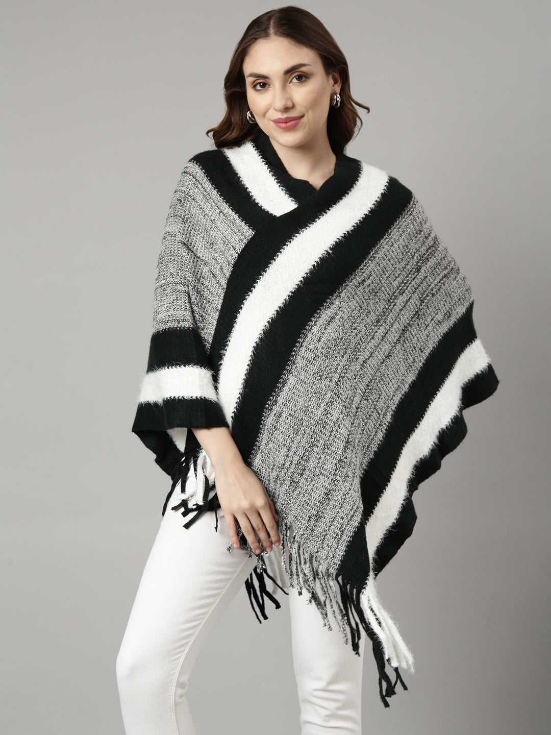Women's Striped Black Longline Poncho