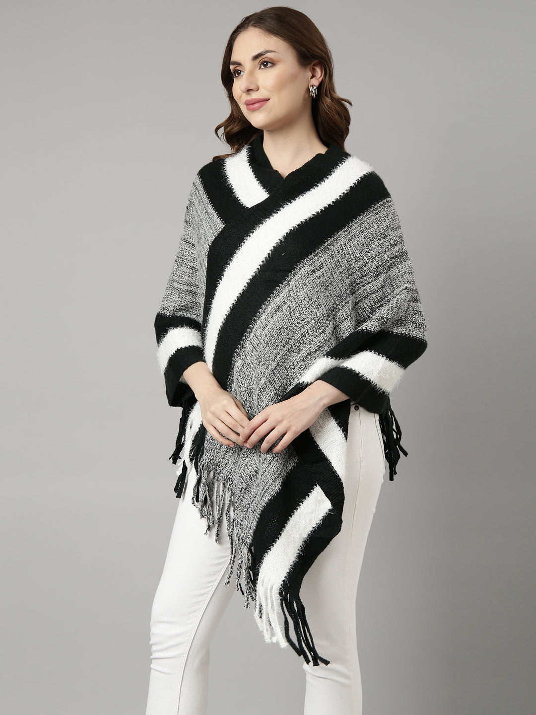 Women's Striped Black Longline Poncho