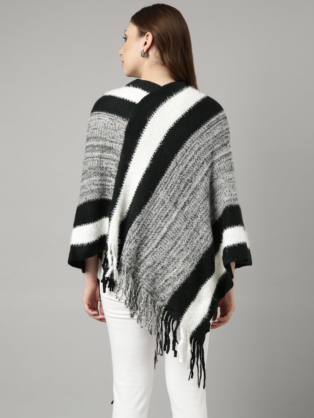 Women's Striped Black Longline Poncho