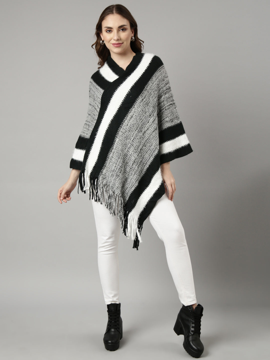 Women's Striped Black Longline Poncho