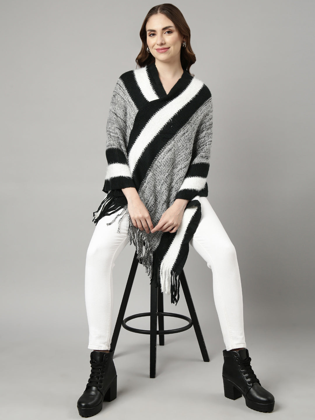 Women's Striped Black Longline Poncho