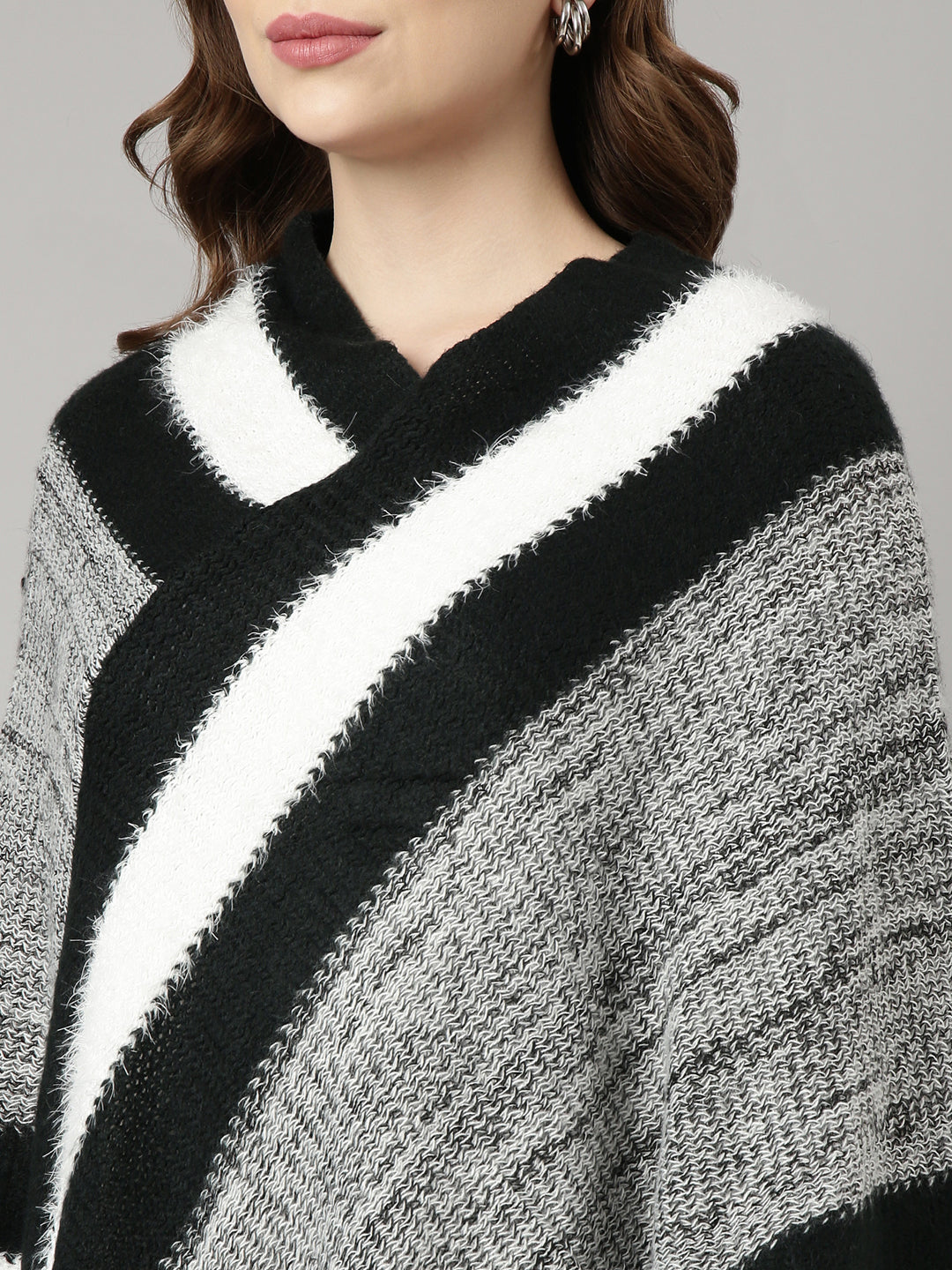 Women's Striped Black Longline Poncho