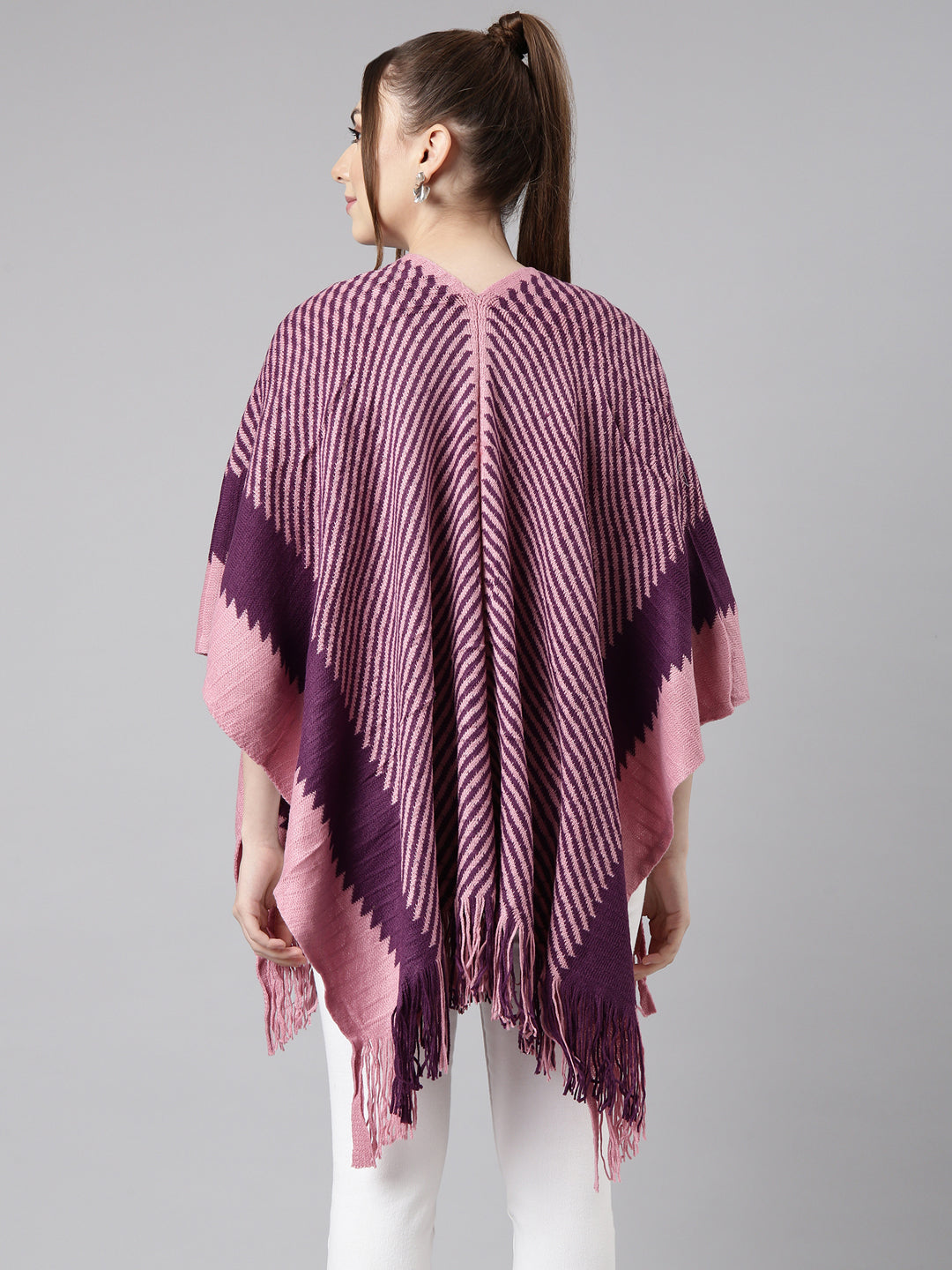 Women Striped Purple Longline Front-Open Poncho