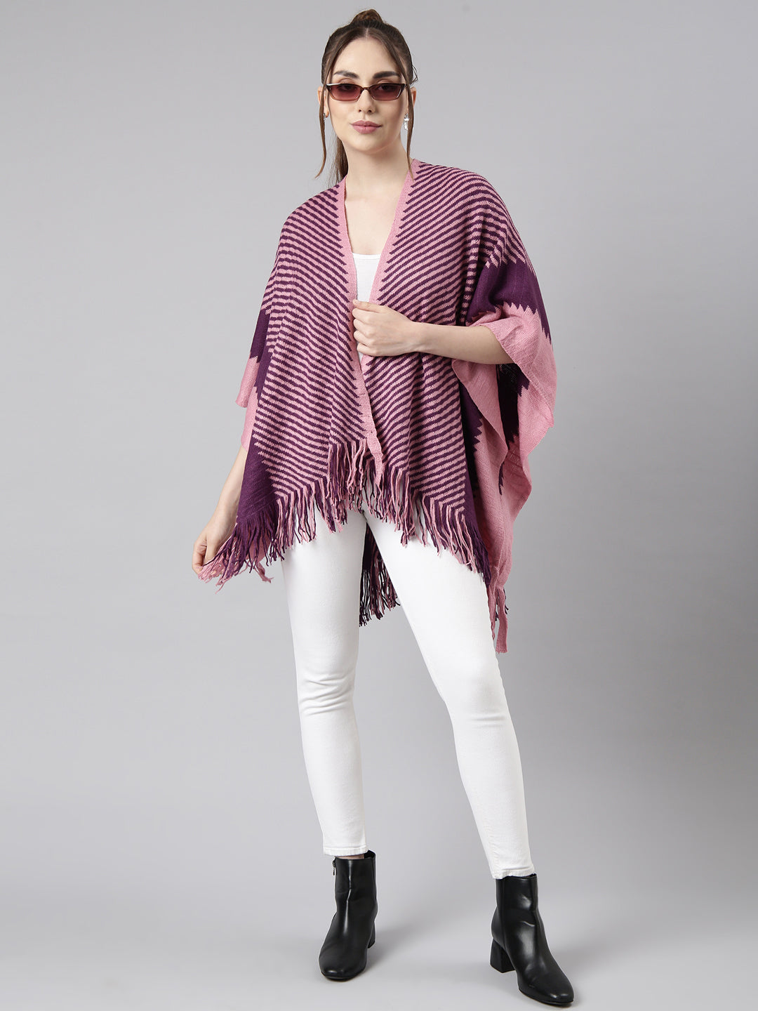 Women Striped Purple Longline Front-Open Poncho