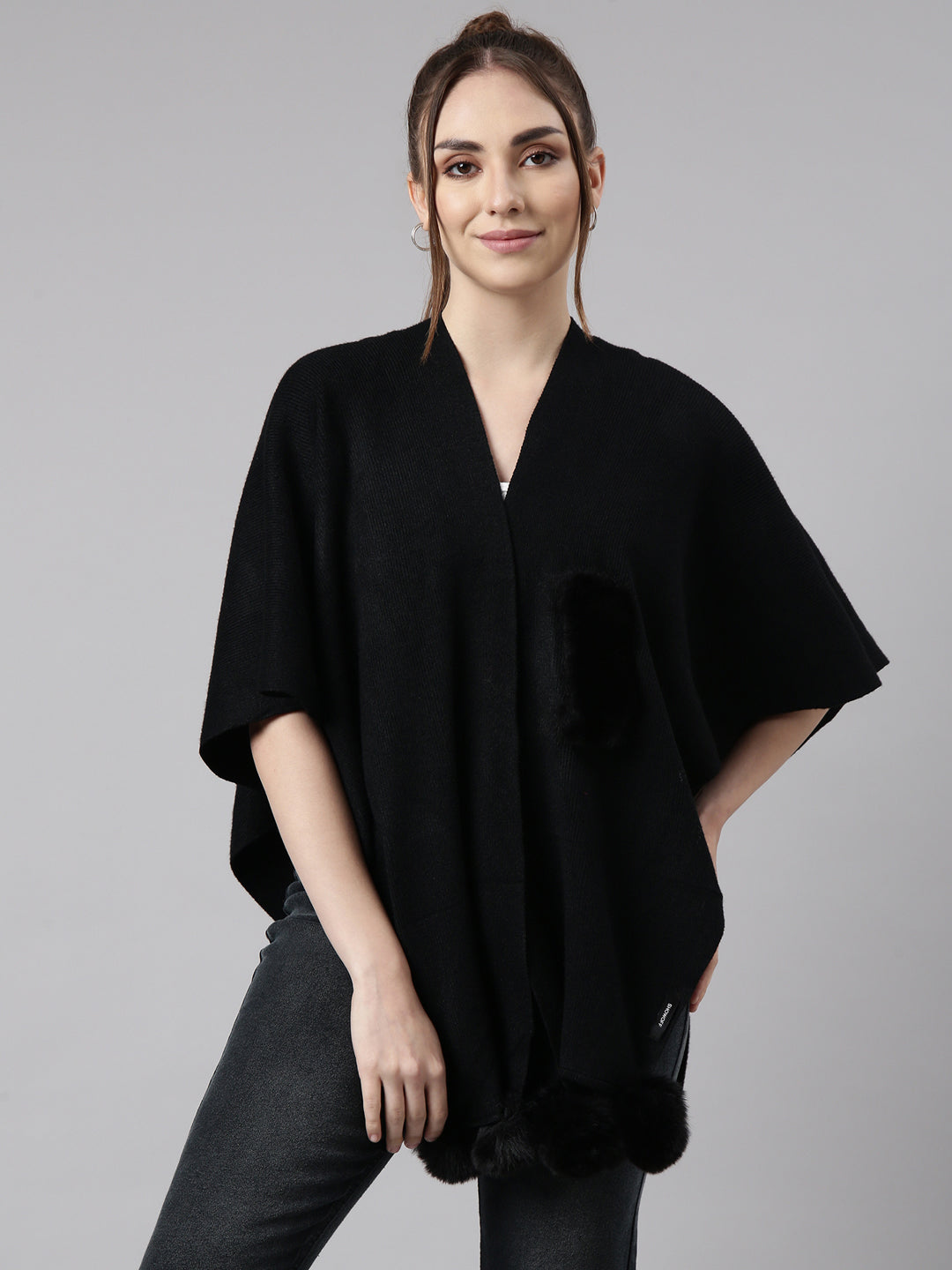 Women Solid Black Regular Front-Open Poncho