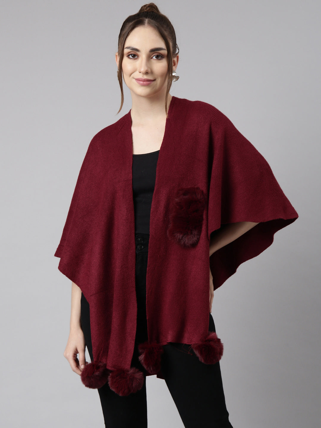 Women Solid Maroon Regular Front-Open Poncho