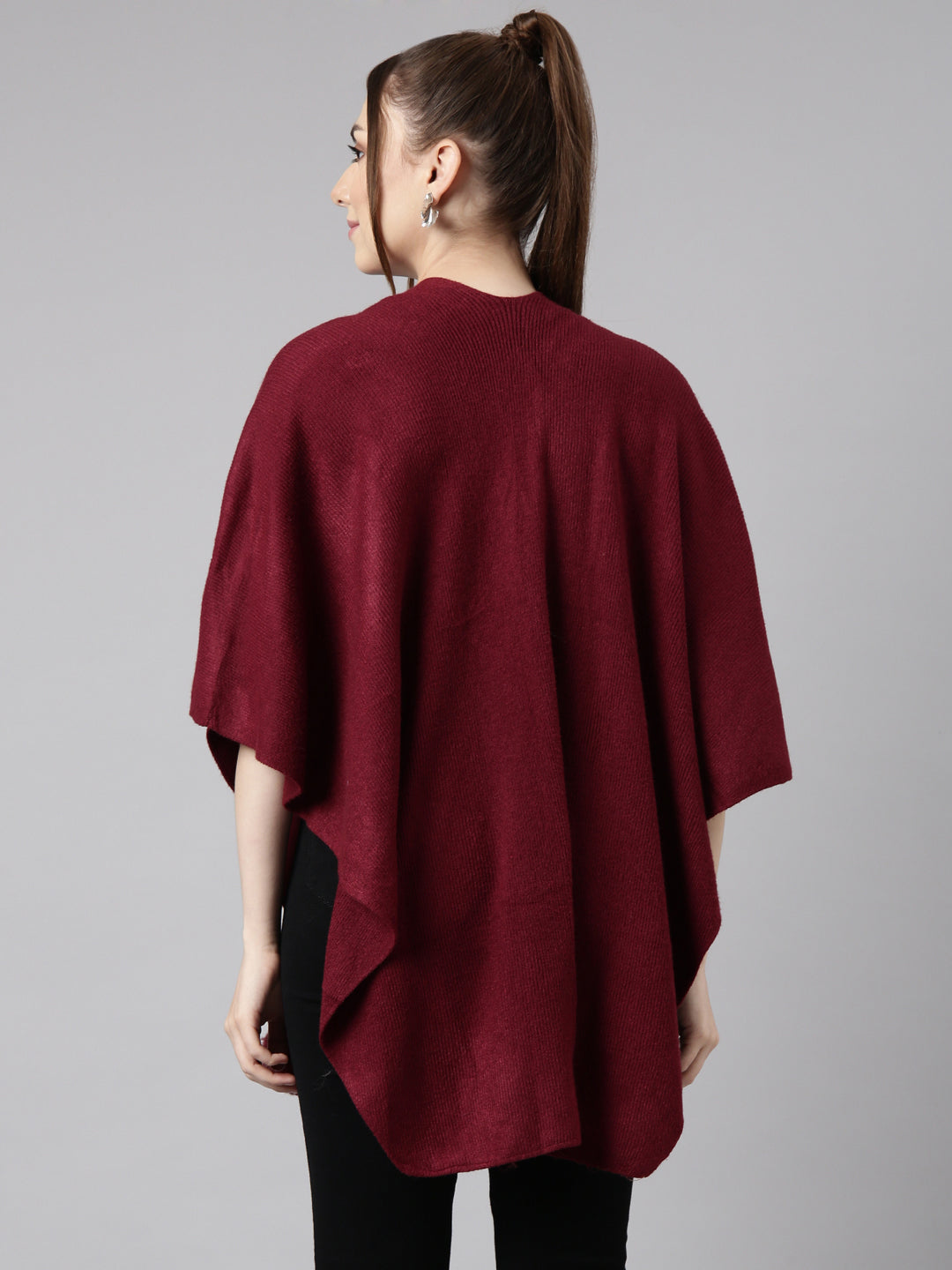 Women Solid Maroon Regular Front-Open Poncho