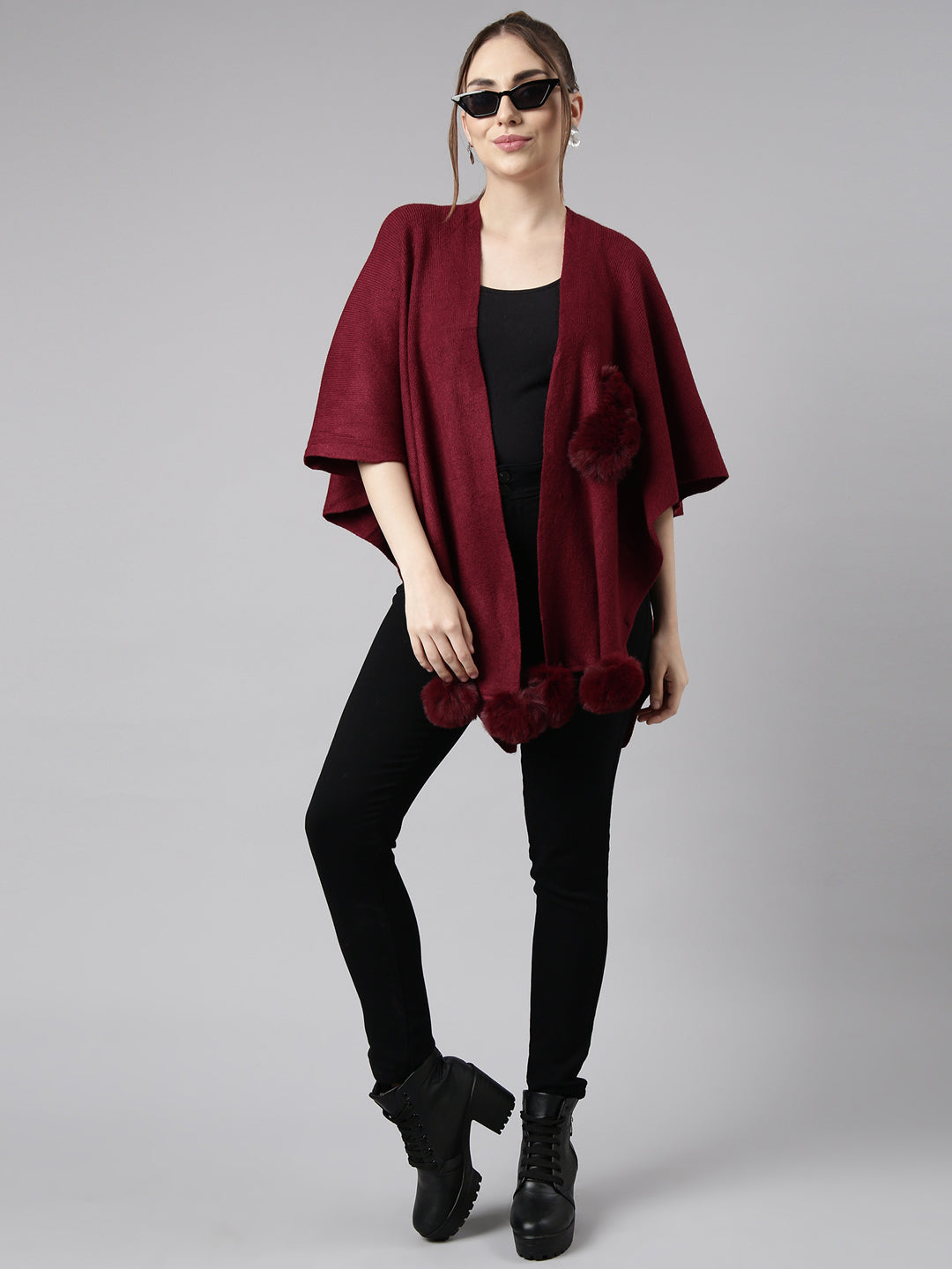 Women Solid Maroon Regular Front-Open Poncho