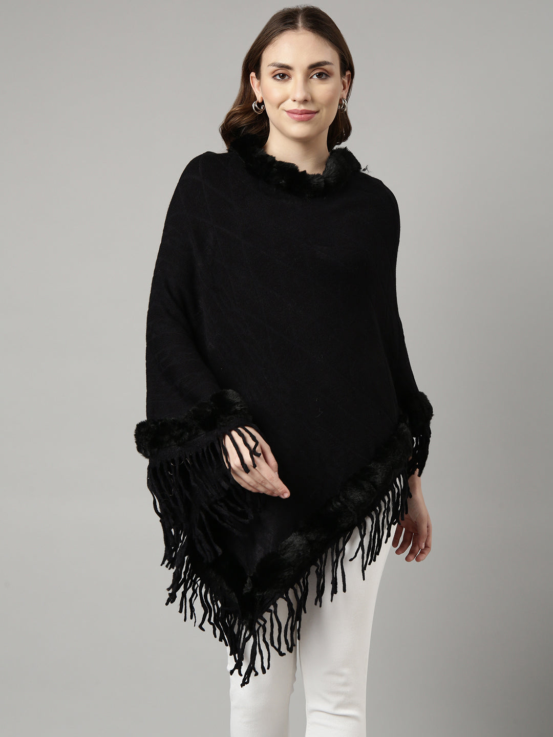 Women Solid Black Longline Poncho