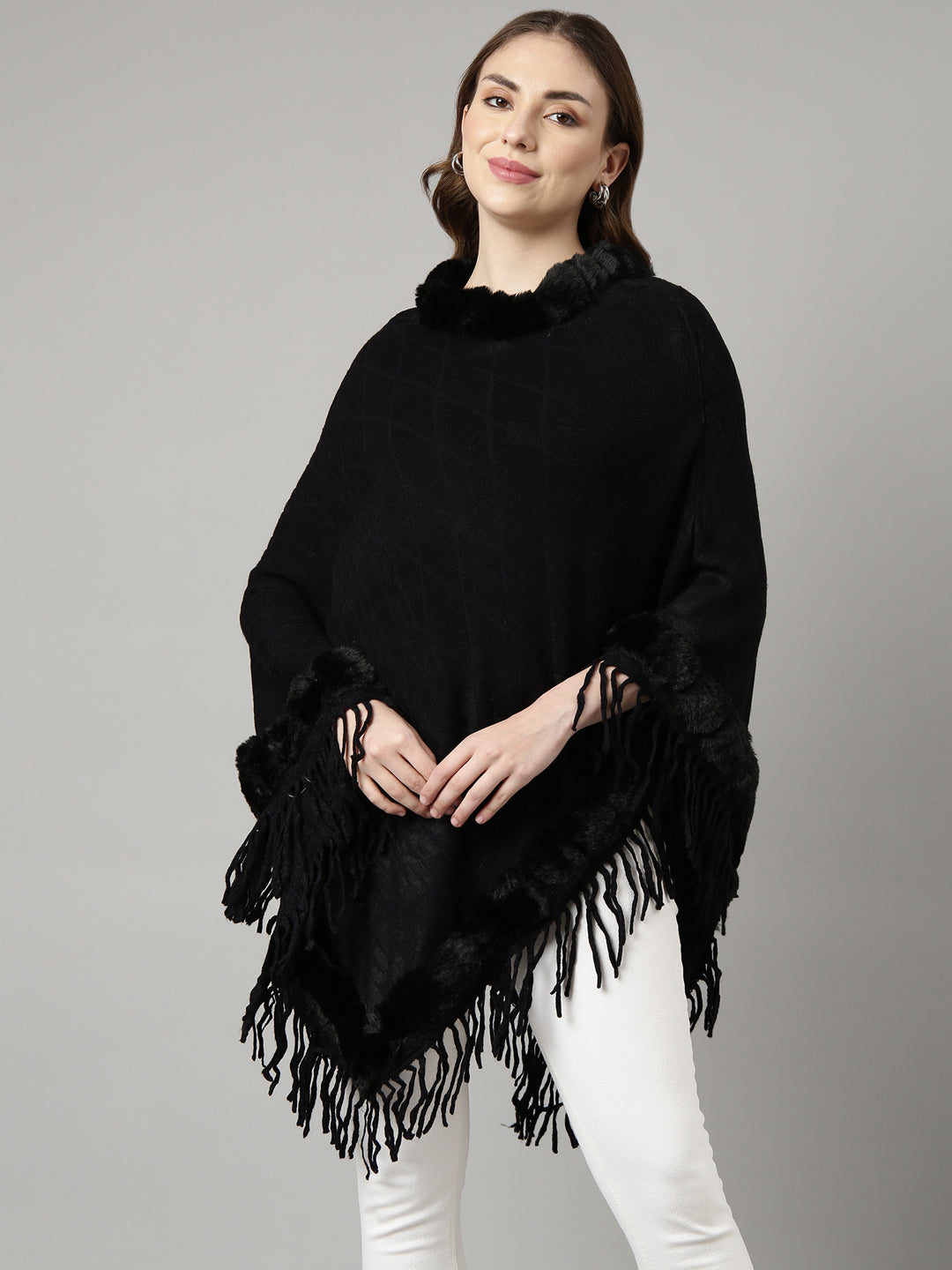 Women Solid Black Longline Poncho