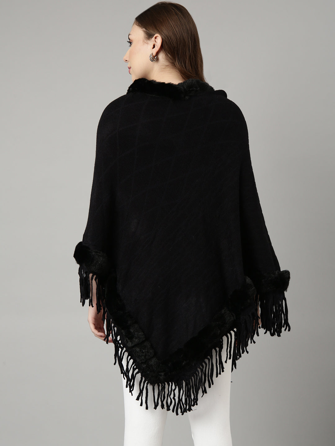 Women Solid Black Longline Poncho