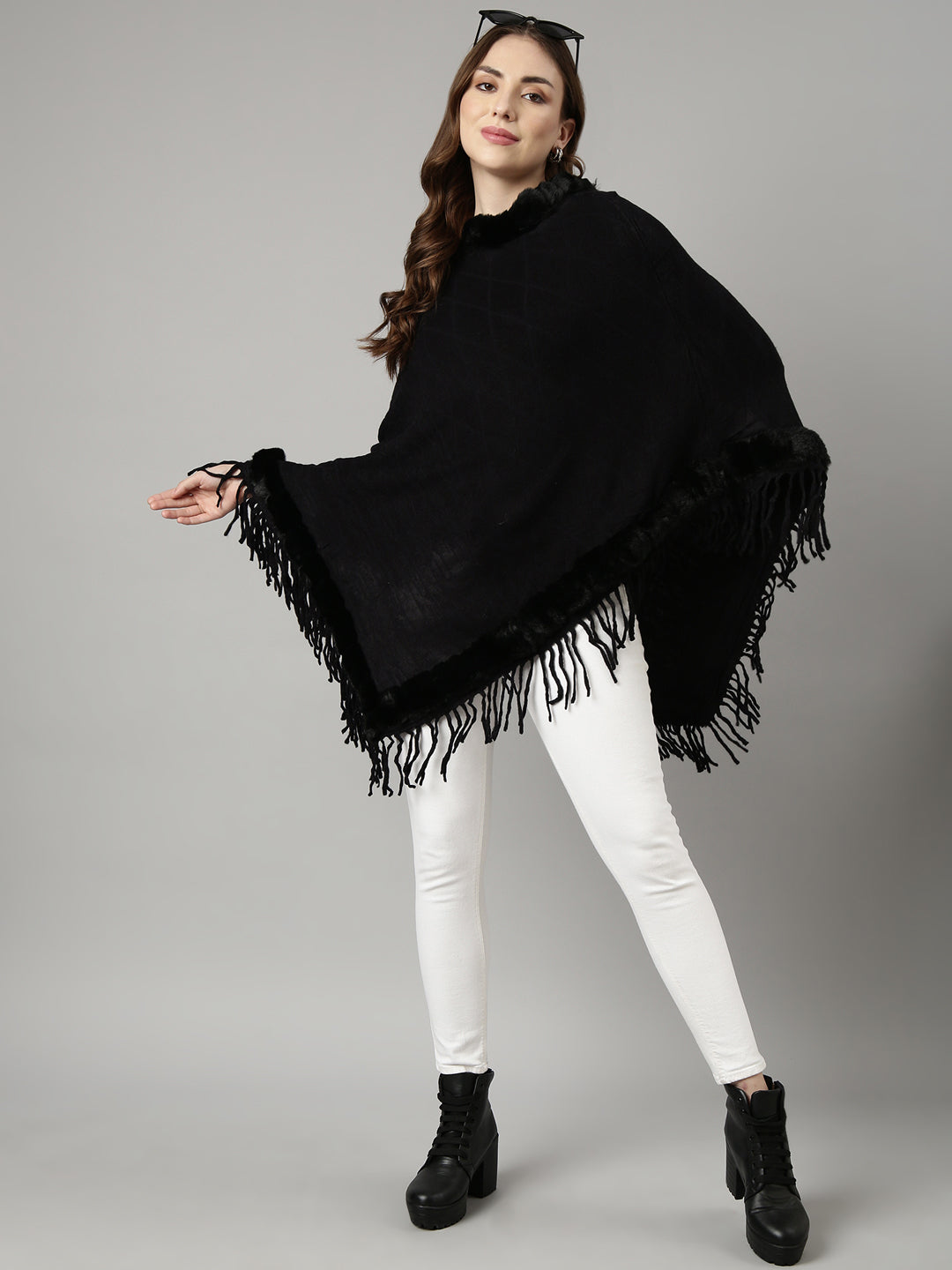 Women Solid Black Longline Poncho