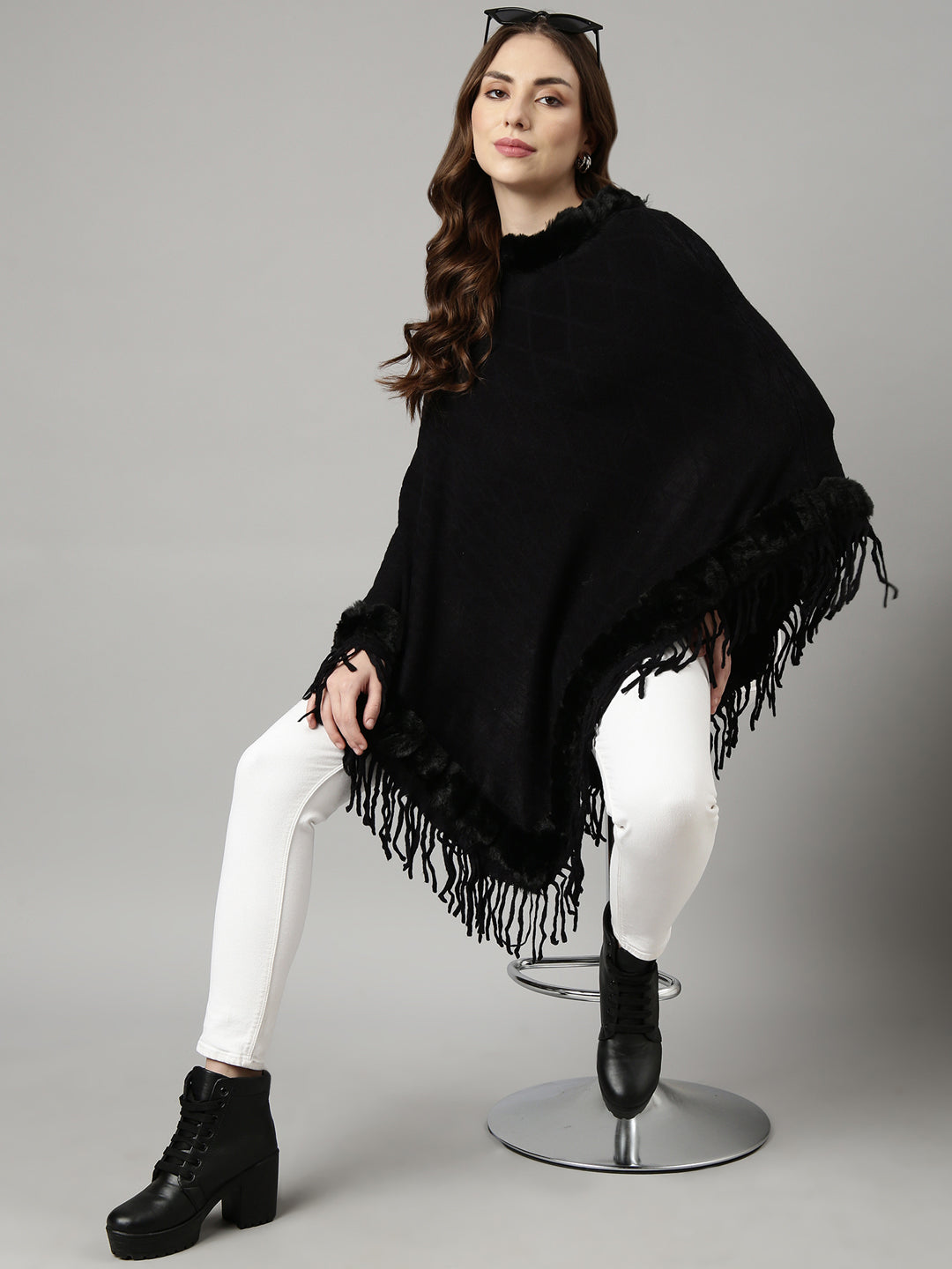 Women Solid Black Longline Poncho