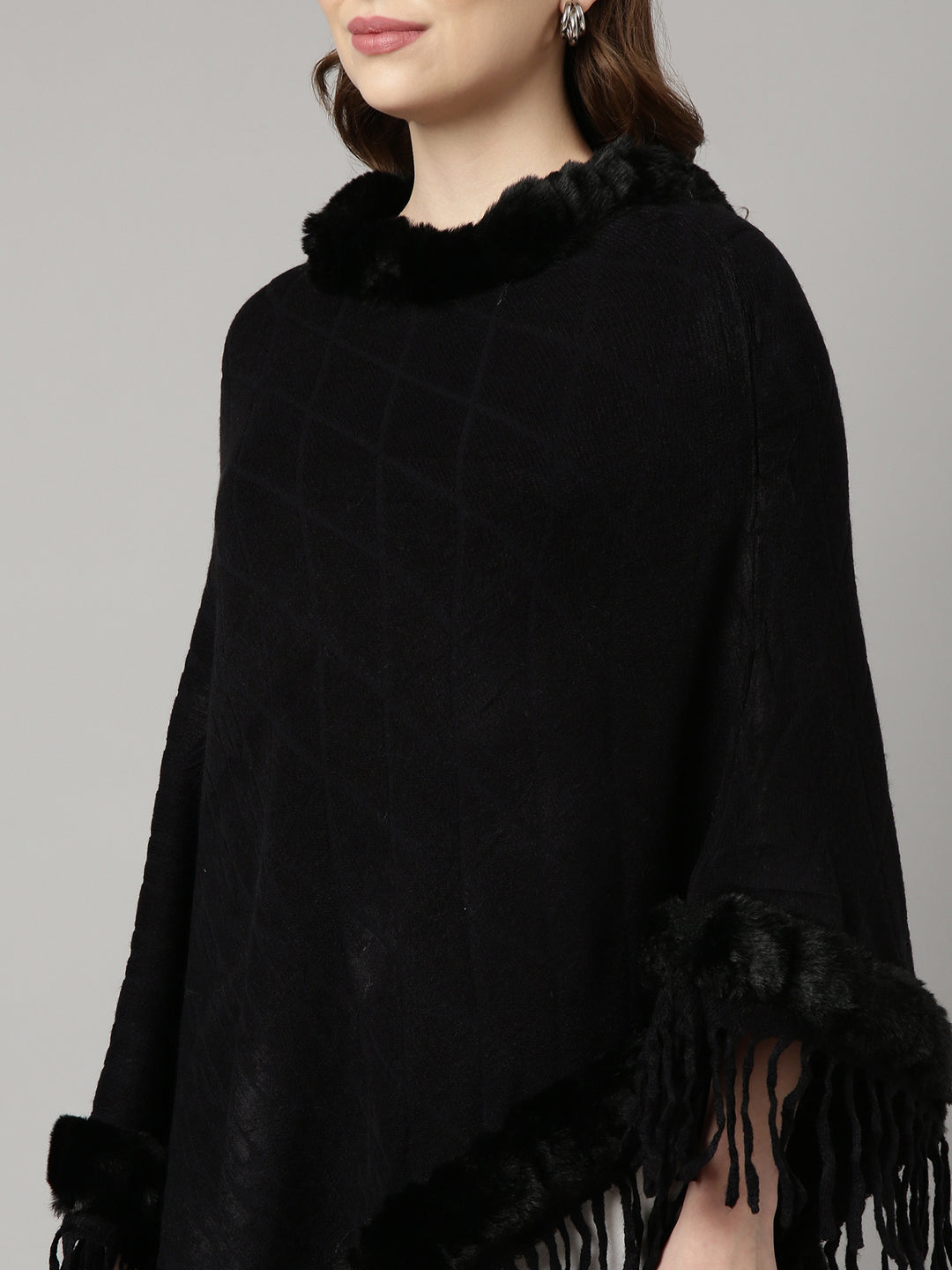 Women Solid Black Longline Poncho