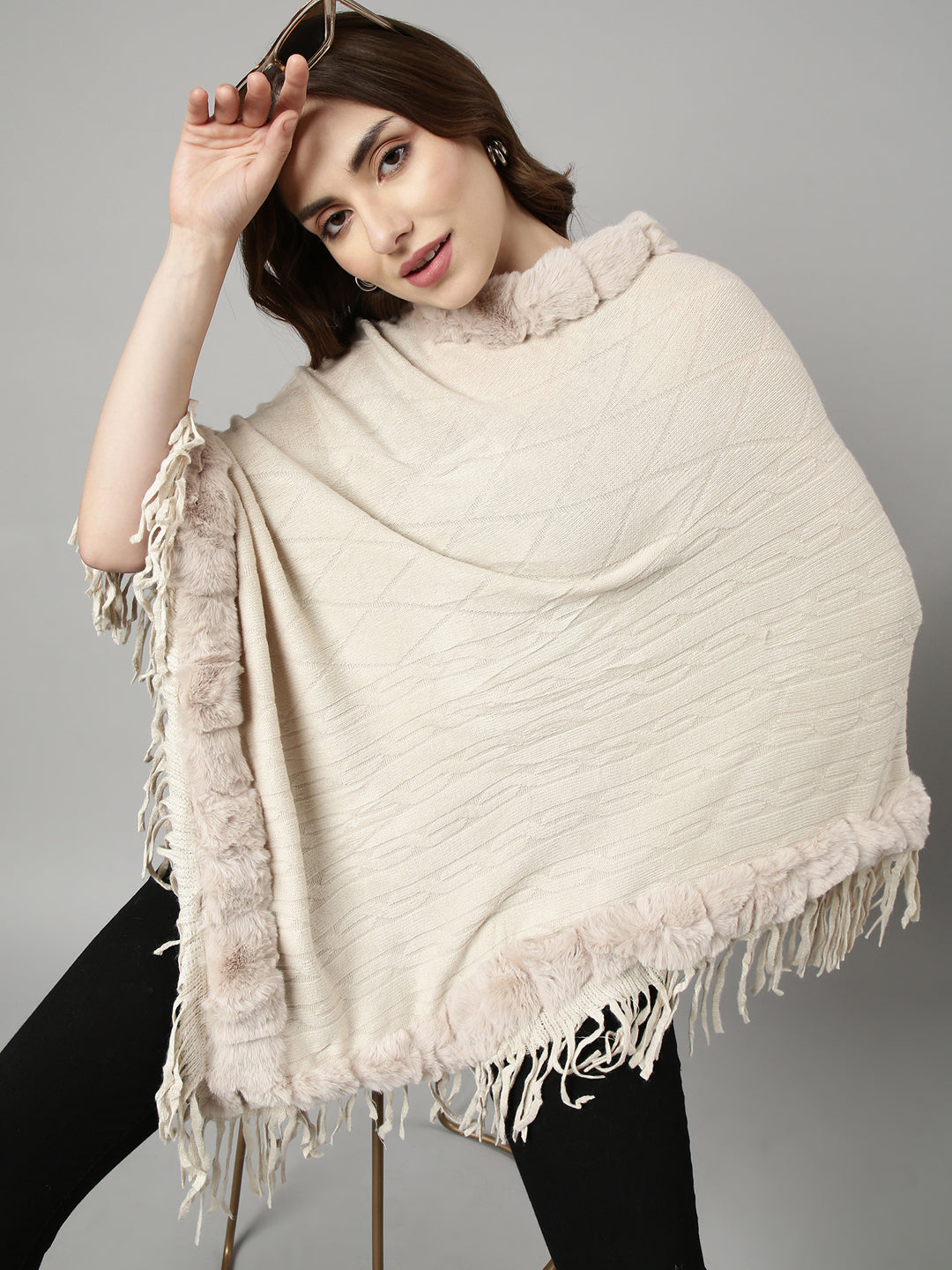 Women's Solid Cream Longline Poncho