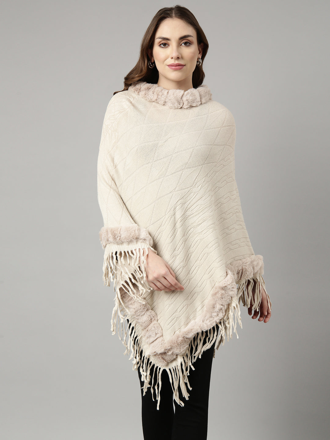 Women's Solid Cream Longline Poncho