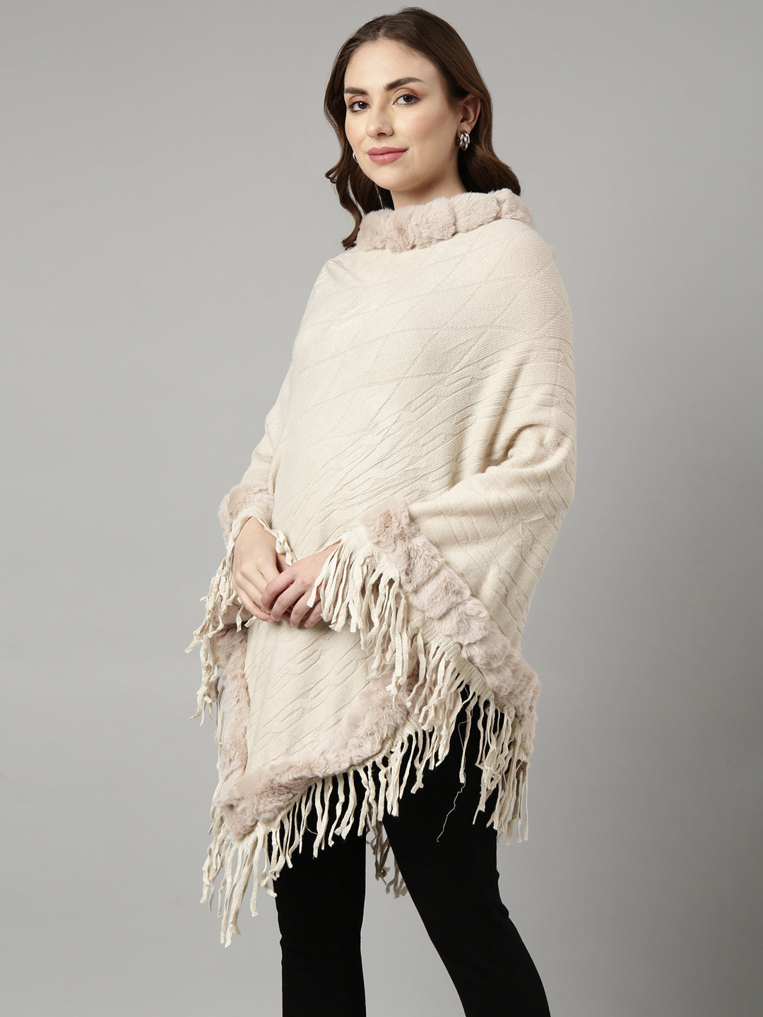 Women's Solid Cream Longline Poncho