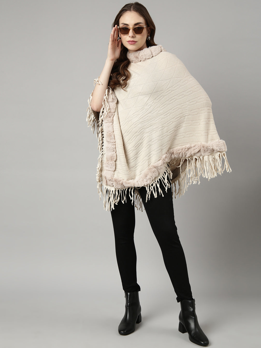 Women's Solid Cream Longline Poncho