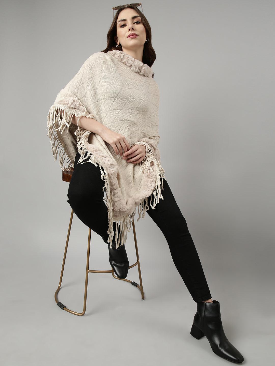 Women's Solid Cream Longline Poncho