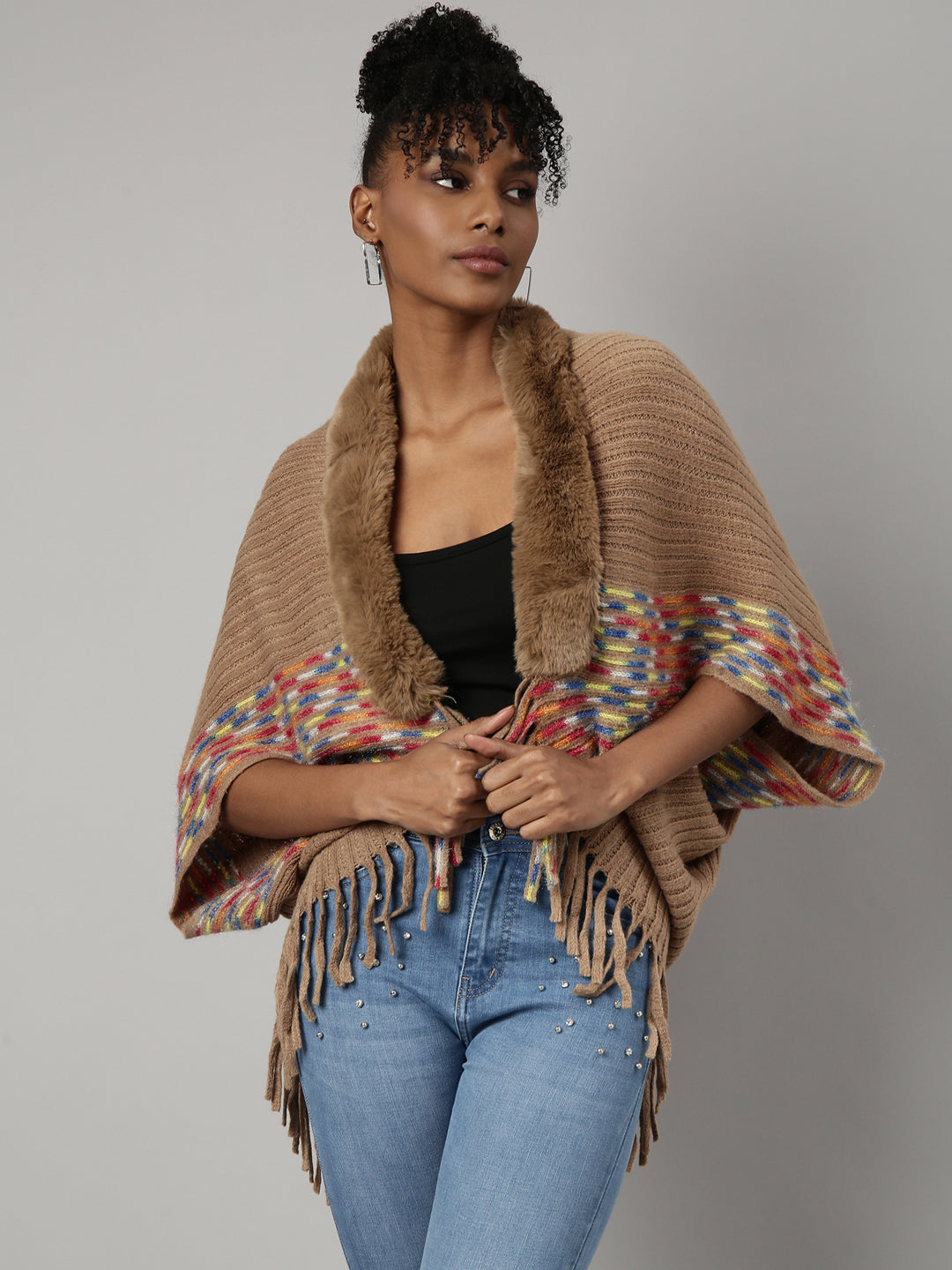 Women Solid Beige Longline Poncho