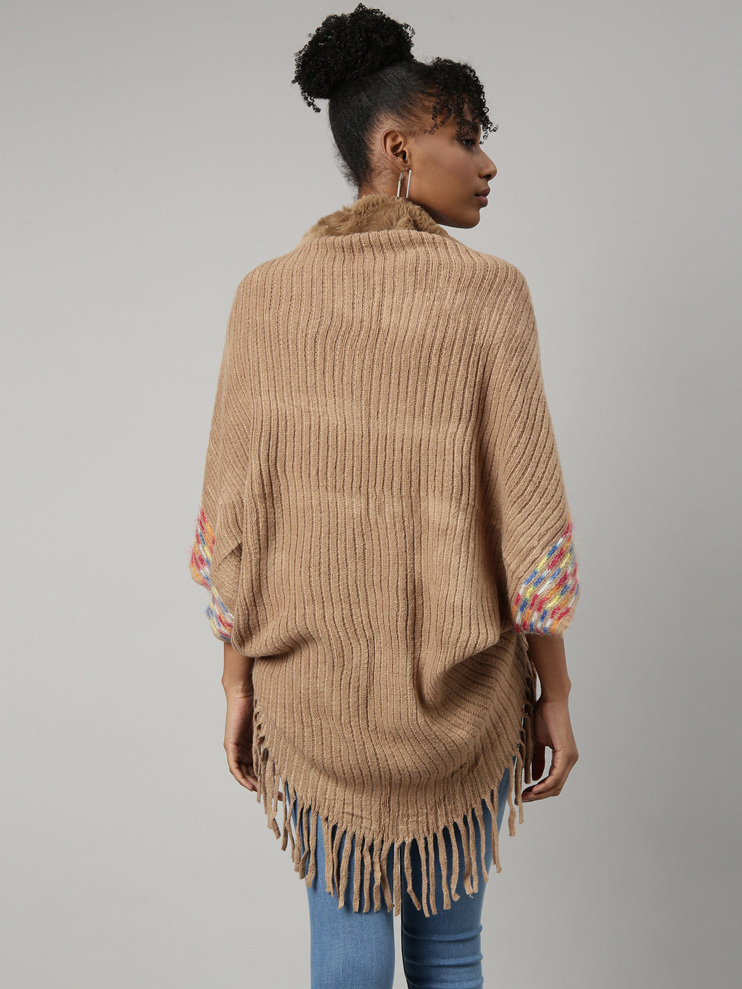 Women Solid Beige Longline Poncho