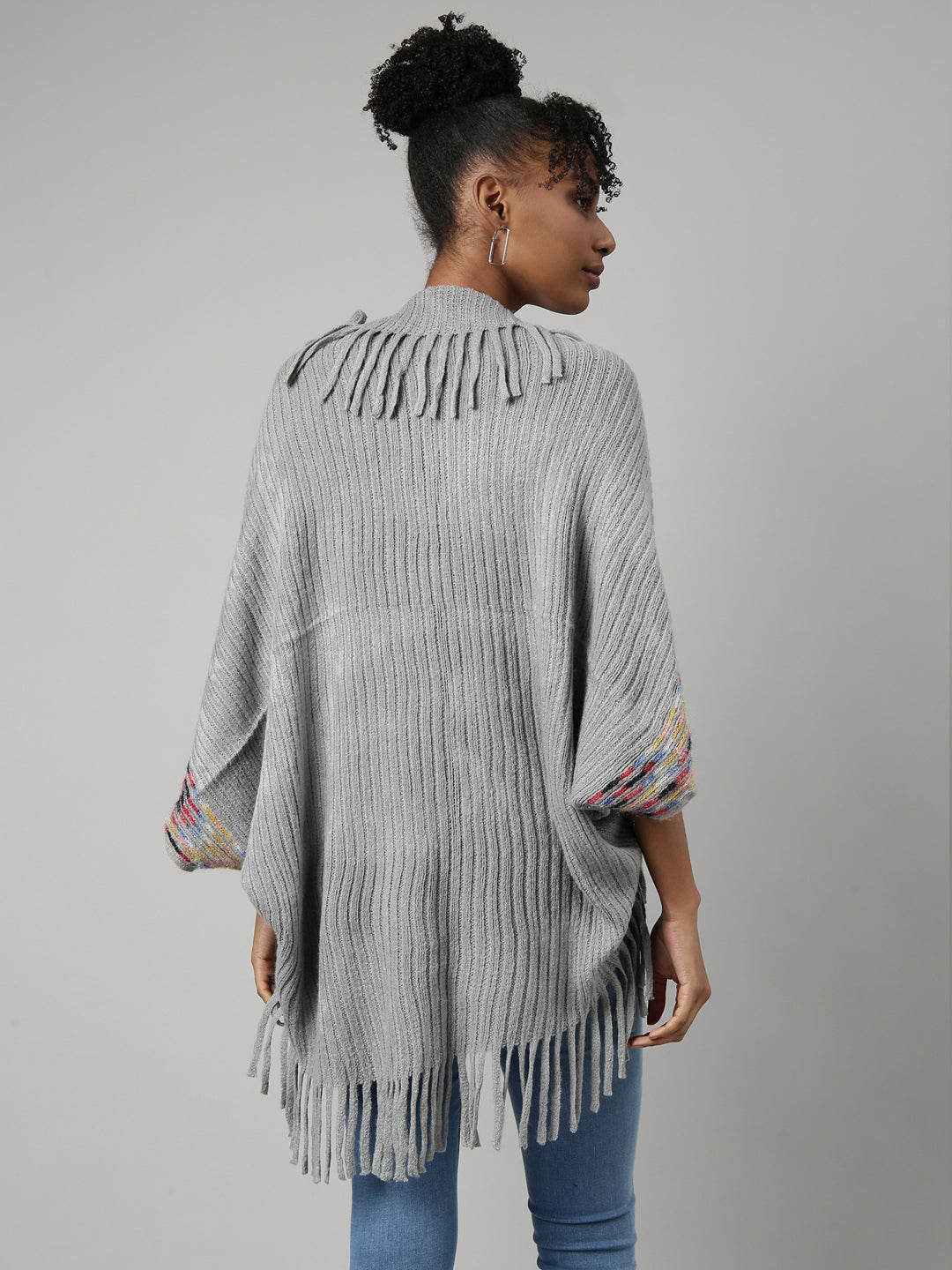 Women Striped Grey Longline Poncho