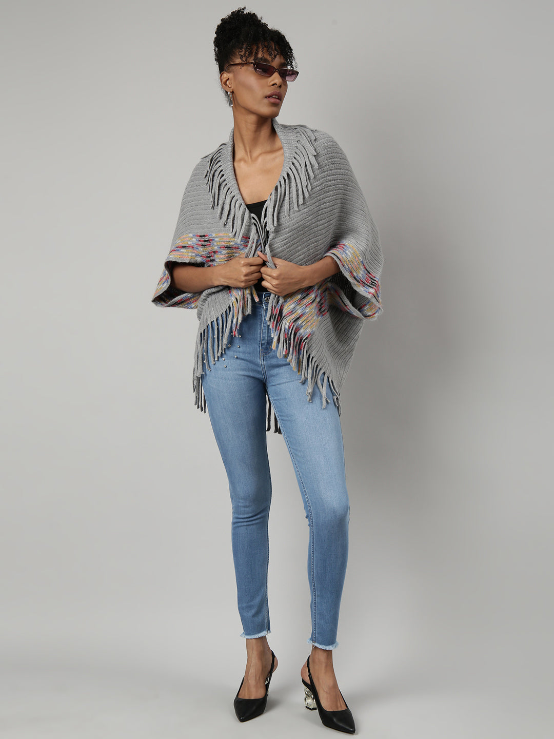 Women Striped Grey Longline Poncho