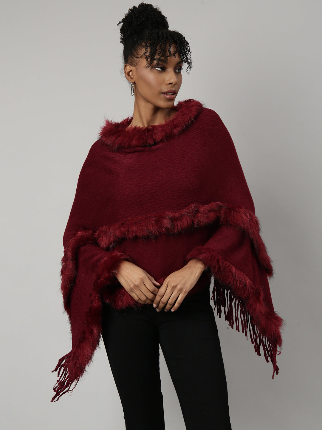 Women Solid Maroon Regular Poncho