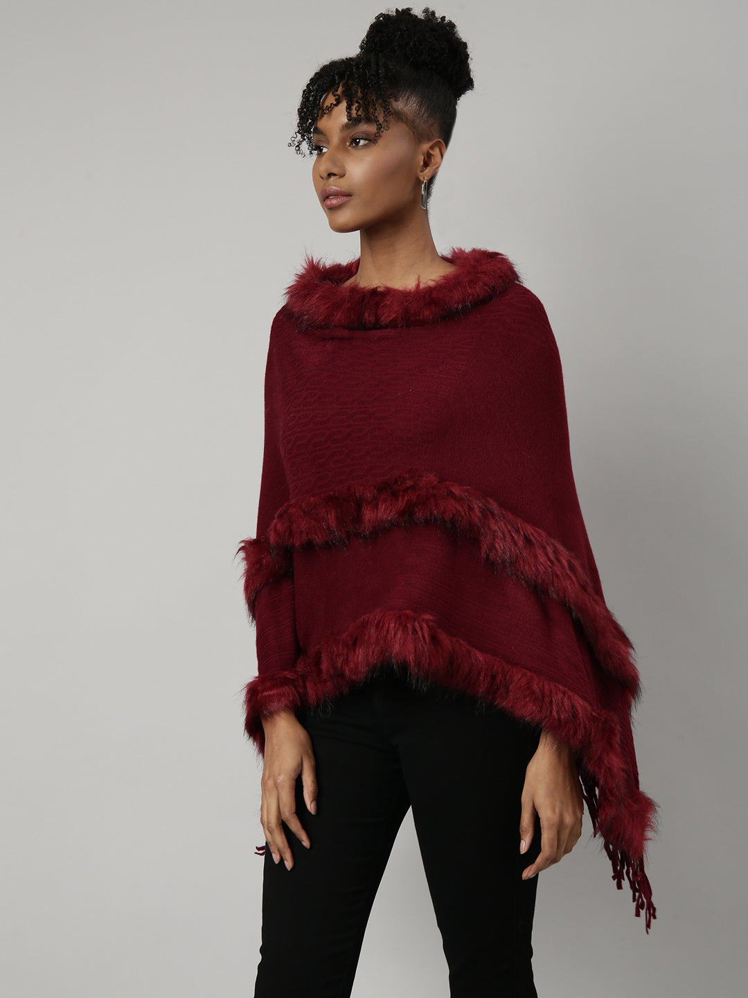 Women Solid Maroon Regular Poncho