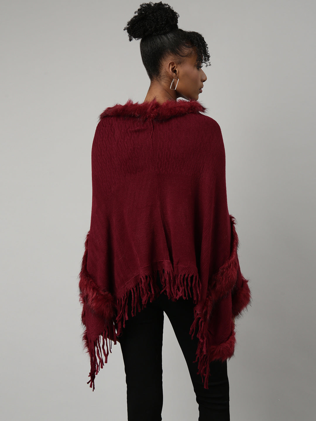 Women Solid Maroon Regular Poncho