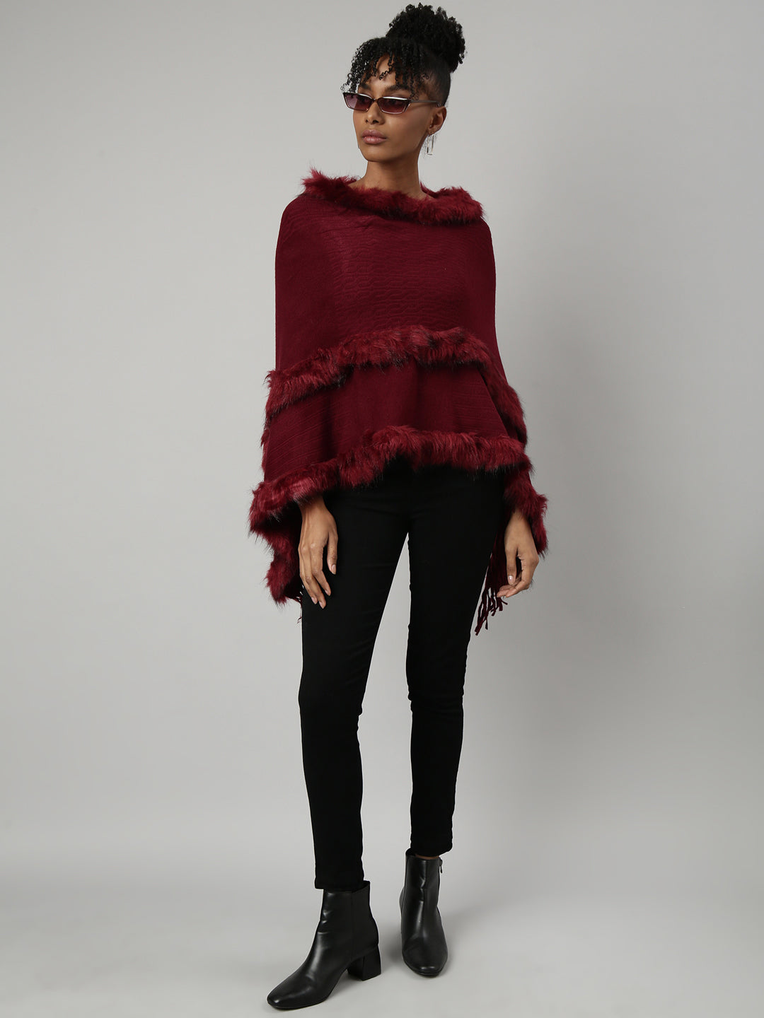 Women Solid Maroon Regular Poncho