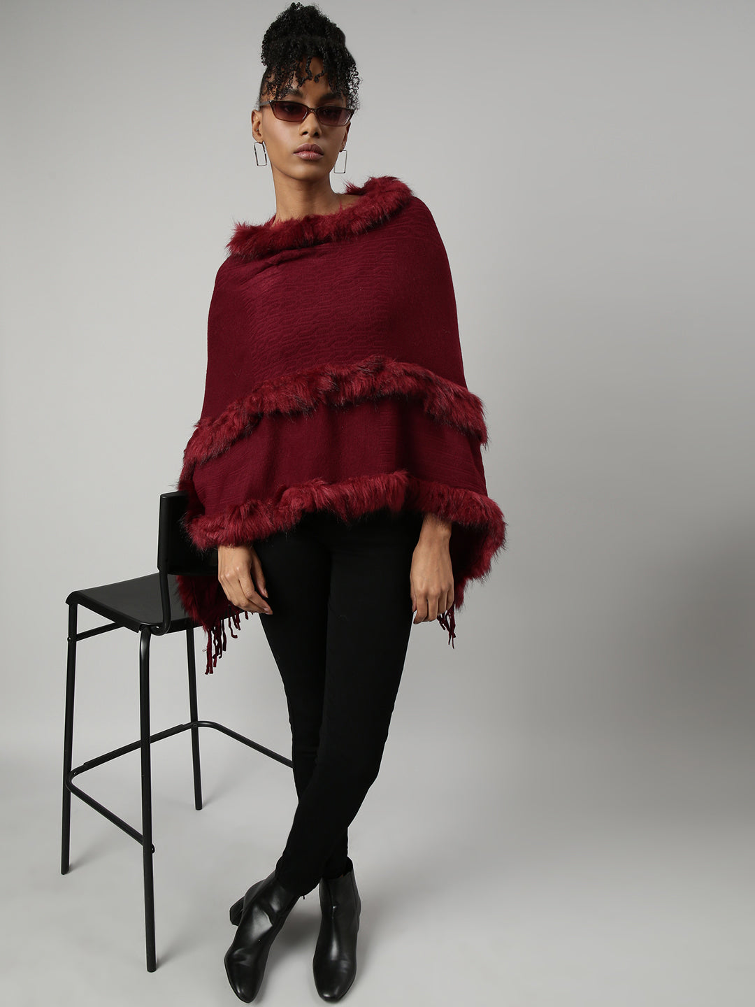 Women Solid Maroon Regular Poncho