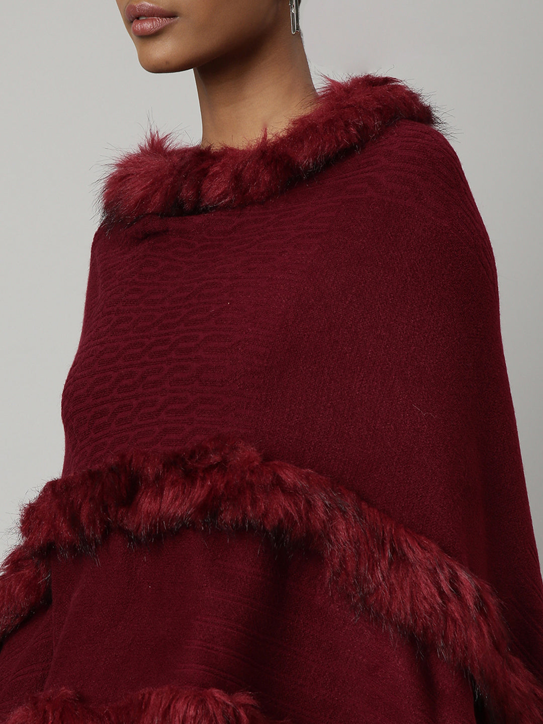 Women Solid Maroon Regular Poncho