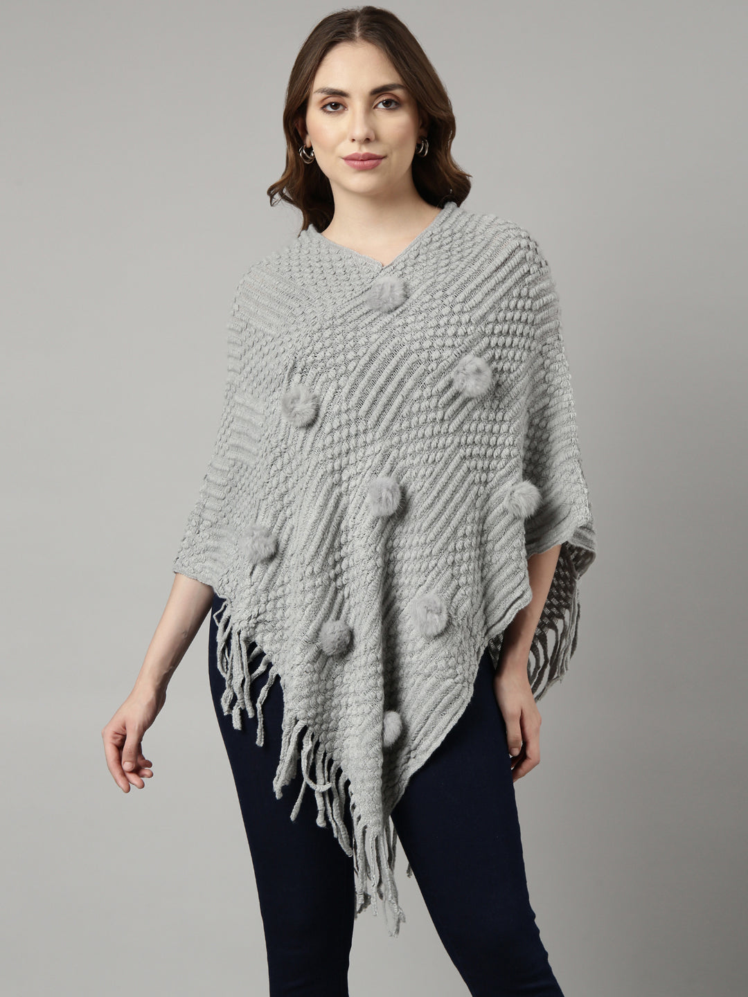 Women Open Knit Grey Longline Poncho