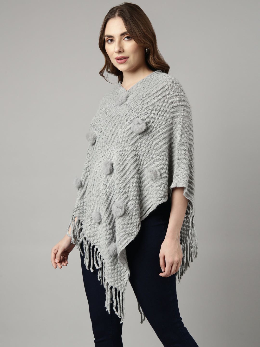 Women Open Knit Grey Longline Poncho